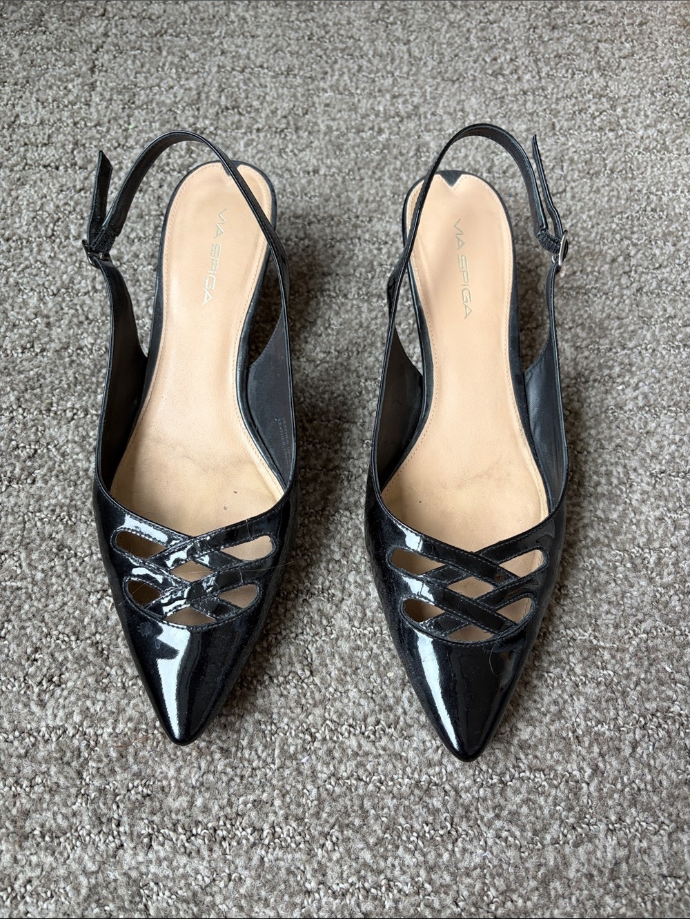 Via Spiga Black Patent Pointed Slingback Mules with Lattice Cutouts